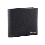 PRADA 銀字Logo 粒紋皮革對開零錢袋短夾/黑色, , large