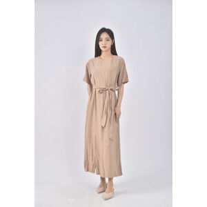 (S) mouggan質感圓領杏色綁帶洋裝二手衣