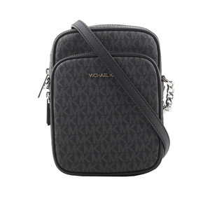 Michael Kors 銀字滿版塗層帆布拉鍊中款直式斜背包/黑色