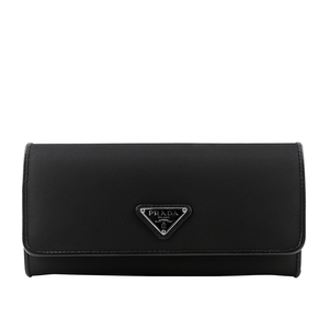 PRADA 銀字三角牌尼龍雙釦對開長夾/黑色
