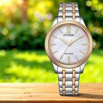 CITIZEN 星辰 光動能大三針時尚女錶 送禮-銀x玫瑰金/34mm EM0416-78A, , large