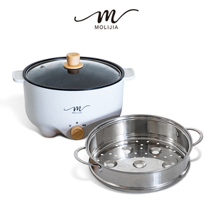 【MOLIJIA】3L-M22 Multifunctional Non-stick Electric Hot Pot + M2209 Stainless Steel Steamer - White Wood Grain