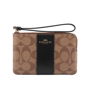 COACH 皮革+PVC LOGO L型拉鍊手拿包/卡其/黑色