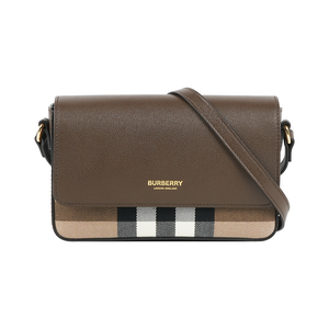 BURBERRY Hampshire 新款格紋帆布拼皮革手拿包/斜背包(烏木棕)