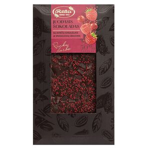 Dark chocolate with raspberry pieces and cranberry seeds