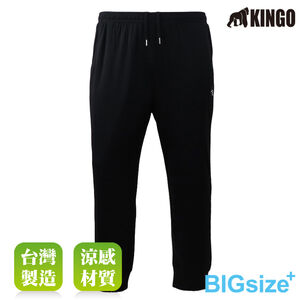 KINGO-大尺碼-鬆緊抽繩  涼感 束口褲-黑-513308