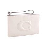 COACH C Logo 銀釦縫線標誌平滑皮革大款手拿包/白色, , large