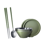 仙德曼雙層304不鏽鋼笠形湯碗-附蓋-20cm-2入-霧綠+316不鏽鋼餐具組-4套入, , large