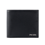 PRADA 銀字Logo 粒紋牛皮內拼色對開8卡短夾/黑色/深藍色, , large