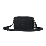 GUCCI 縫線Logo 素面皮革拉鍊迷你相機包/黑色, , large