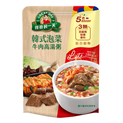 [箱購]得意的一天 韓式泡菜牛肉高湯粥 350g X10袋/箱