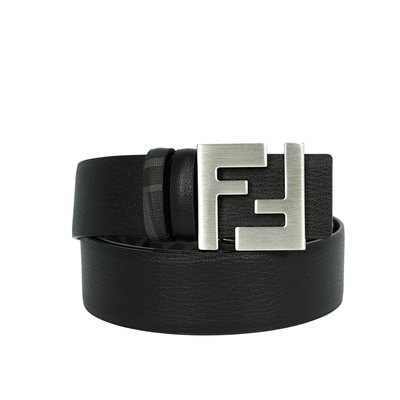 FENDI FF Squared 銀釦帆布及牛皮 95cm 雙面可用皮帶/黑色/黑灰色