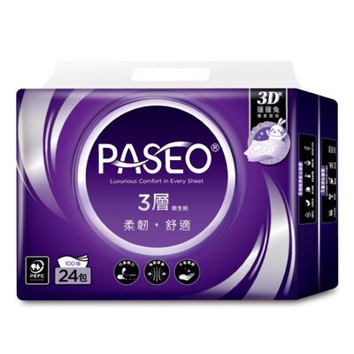 PASEO3層柔韌舒適抽取式衛生紙PEFC100抽24