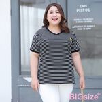 大尺碼-條紋 V領 T恤-黑-0101144, , large