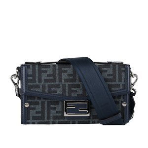 FENDI Soft Trunk FF Logo 緹花拼皮革二用包/牛仔藍