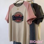 大尺碼-印花 插肩 圓領T恤-深灰/粉-0101143, , large