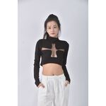 (S) 【安于晴Charlene私服】kulu studio質感修身短版透膚黑色長袖上衣二手衣, , large