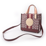 COACH Dempsey Tote 22 緹花拼皮革二用托特包/酒紅色/裸色, , large