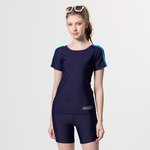 Monina Taiwan-made girls short-sleeved two-piece swimsuit with blue piping on shoulders, dark blue, , large