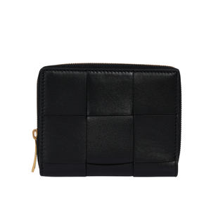 BOTTEGA VENETA 新款大格小羊皮及小牛皮編織拉鍊短夾/黑色