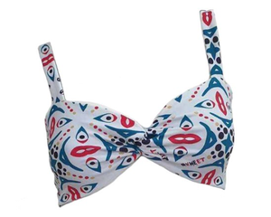 QXHEE.T.Made in Taiwan, flat knotted cross-shoulder strap swimsuit (QX totem/smoke blue stripes) ready for sale