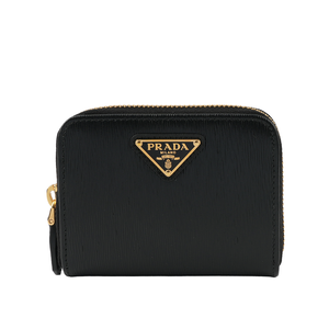 PRADA 三角牌Logo 水波紋皮革零錢包/黑色