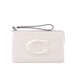 COACH C Logo 銀釦縫線標誌平滑皮革大款手拿包/白色, , large