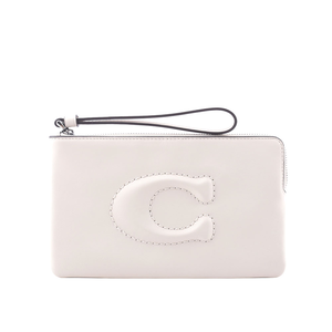 COACH C Logo 銀釦縫線標誌平滑皮革大款手拿包/白色