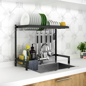 【雙手萬能】不鏽鋼水槽瀝水架68cm消光黑_★贈5入掛勾 (碗盤架/杯架)