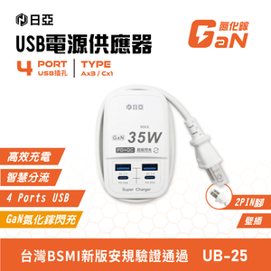 [寶旺旺] 日亞 智慧2 PD 35W Type-C+2 QC3.0閃充GaN氮化鎵60CM電源供應器(新安規) UB-25
