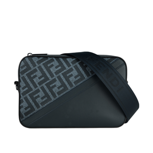 FENDI FF Logo 帆布拼牛皮相機斜背包/牛仔藍
