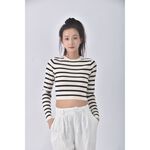 (S) 【安于晴Charlene私服】zara質感修身短版條紋白色長袖上衣二手衣, , large