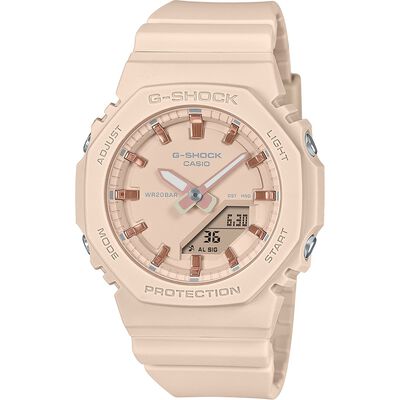 CASIO 卡西歐 G-SHOCK 優雅玫瑰金時標 八角雙顯手錶 520情人節 送禮-奶茶粉 GMA-P2100M-4A
