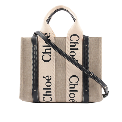 CHLOE' Woody 帆布拼牛皮手提/斜背二用托特包/小/藍色