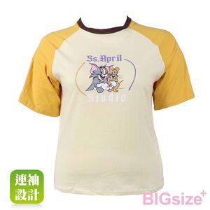 大尺碼-卡通印花 插肩 圓領T恤-紫/黃-0101152
