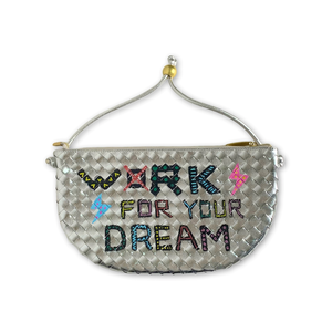 Metal ball painted woven half-moon bag bright silver (XL)