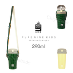 【韓國PURENINE】Kids頂級時尚彈蓋隨身保溫杯 戶外旅行兒童水壺(附杯套+背帶)290ML-墨綠色皮套+灰蓋瓶, , large