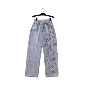  Designer graffiti style denim straight pants washed blue
