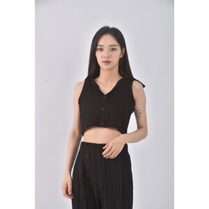 (S) 【智恩私服】dfx修身短版質感無袖黑色上衣二手衣