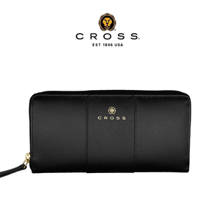 【CROSS】台灣總經銷 限量1折 頂級小牛皮拉鍊長夾 賈姬系列 全新專櫃展示品(黑色 送禮盒提袋)