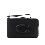 COACH C Logo 銀釦縫線標誌平滑皮革大款手拿包/黑色, , large