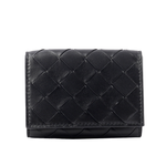 BOTTEGA VENETA 經典小羊皮及小牛皮編織迷你雙釦三折短夾/黑色, , large