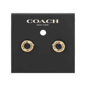 COACH Logo 及水鑽琺瑯圓形針式耳環(金色/黑色)