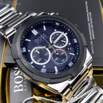 [星晴錶業]BOSS手錶,46mm,HB1513360黑色錶面黑銀錶殼銀色精鋼錶帶款, , large