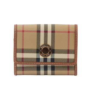 BURBERRY 經典格紋及牛皮三折短夾/經典米色