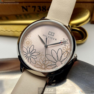 [星晴錶業]TommyHilfiger手錶,36mm,TH00036粉紅色錶面銀錶殼米白色真皮皮革錶帶款