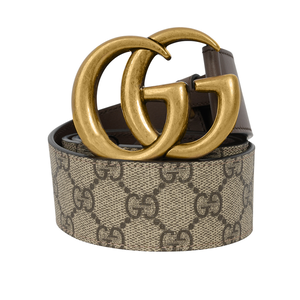 GUCCI 霧金雙G Logo 防水皮革拼牛皮皮帶 85cm/米色/棕色