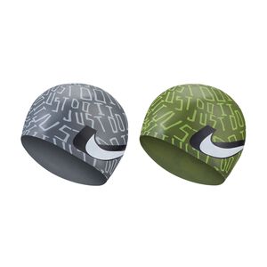 NIKE JDI 成人矽膠泳帽 競賽 比賽 訓練 戶外運動 泳池 文字圖樣 低過敏 彈性 舒適 矽膠 貼合 耐用 灰 綠