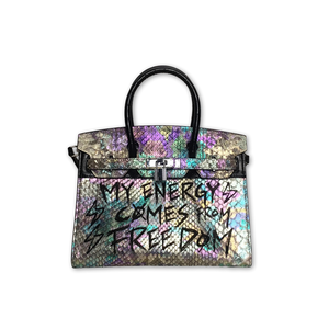Special Graffiti Shiny Leather Birkin Handbag Black Gray (L)
