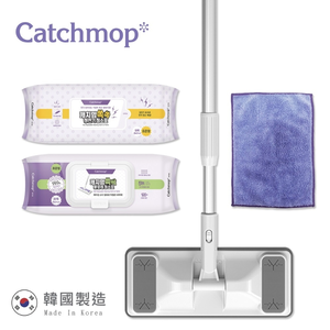 〔得來亞〕Catchmop 輕巧平板拖把居家4件超值組 (1桿+1布+50乾巾+30濕巾) / 清潔拖地不費力